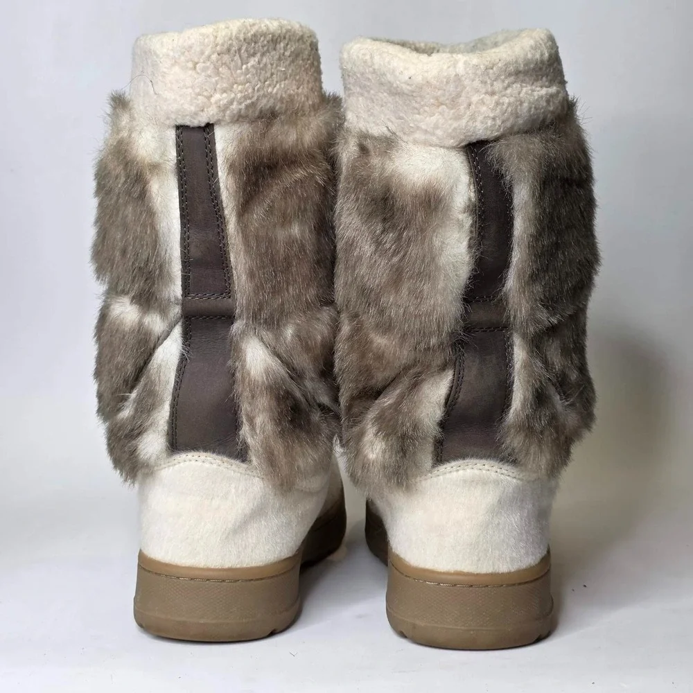 L.L. Bean Winter Snow Boots Women's Size 10 Ivory Cream Brown Faux Fur Shoes